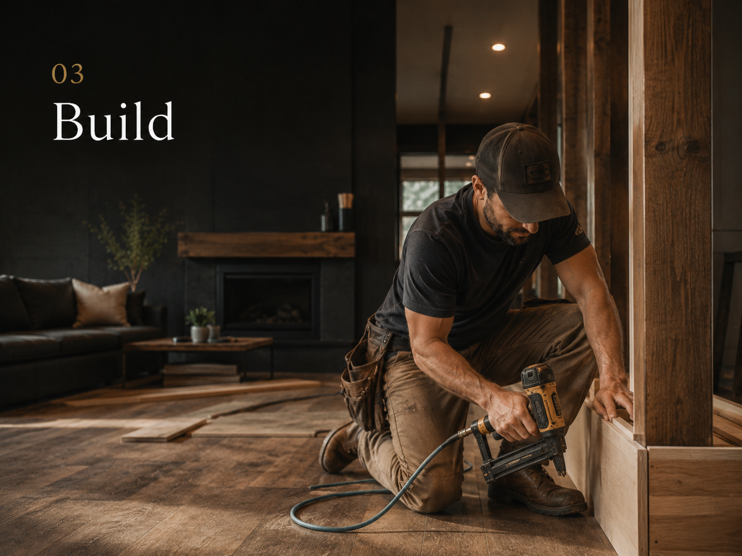 Savvy Renovations carpenter installing finished trim with a nail gun